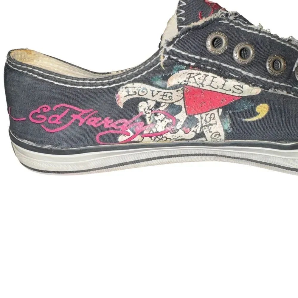 Women’s Ed Hardy Logo Graphic Black Canvas Slip-On Sneakers Y2K 2000’s size 9